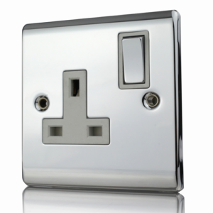 Premspec Curve Polished Chrome 1 Gang DP 13A Switched Socket with White Insert