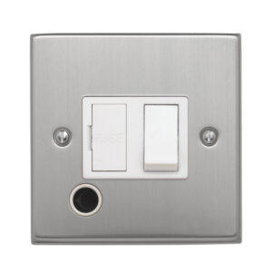 Contactum Iconic 13A switched spur satin chrome with flex outlet. Modern switches