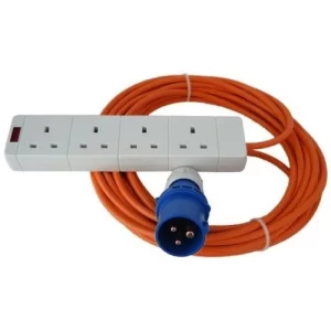 240V Orange Extension Lead 16A x 20M with 4 Way Socket