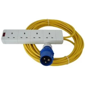 240V Yellow Extension Lead 16A x 15M with 4 Way Socket