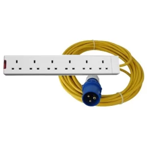 240V Yellow Extension Lead 16A x 15M with 6 Way Socket
