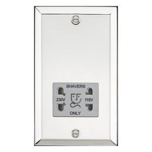 Knightsbridge Polished Chrome 115-230V Dual Voltage Shaver Socket With Grey Insert. Bevelled edge modern switches and sockets