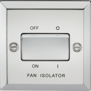 Knightsbridge Polished Chrome 10A 3 Pole Fan Isolator Switch. Modern switches and sockets with a bevelled edge