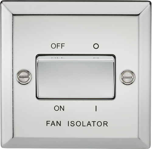 Knightsbridge Polished Chrome 10A 3 Pole Fan Isolator Switch. Modern switches and sockets with a bevelled edge
