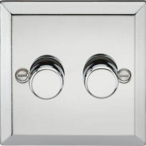 Knightsbridge Polished Chrome 2 Gang 2 Way 40-400W Dimmer. Modern switches and sockets with a bevelled edge