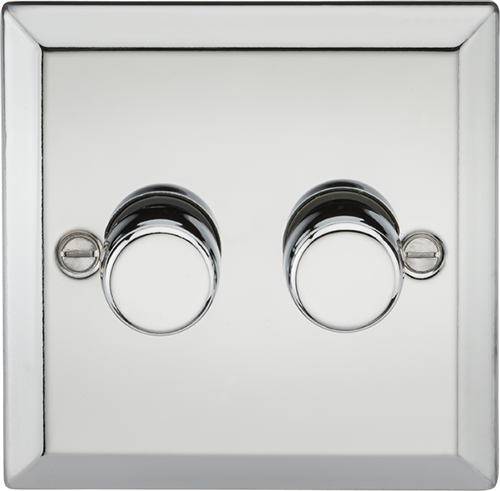 Knightsbridge Polished Chrome 2 Gang 2 Way 40-400W Dimmer. Modern switches and sockets with a bevelled edge