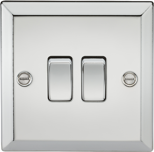 Knightsbridge Polished Chrome 2 Gang 2 Way Plate Switch. Modern switches and sockets with bevelled edge