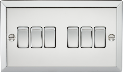 Knightsbridge Polished Chrome 6 Gang 2 Way Plate Switch. Modern switches and sockets with a bevelled edge