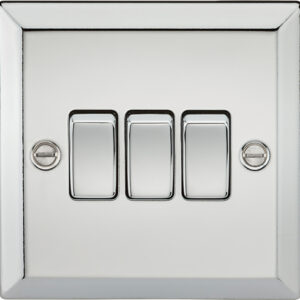 Knightsbridge Polished Chrome 3 Gang 2 Way Plate Switch. Modern switches and sockets with a decorative bevelled edge