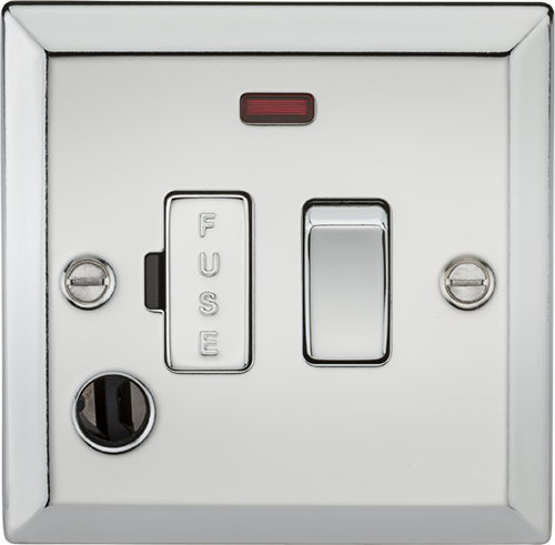 Knightsbridge Polished Chrome 13A Switched Fused Spur Unit with Neon & Flex Outlet. Modern switches and sockets with bevelled edge