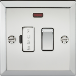 Knightsbridge Polished Chrome 13A Switched Fused Spur Unit with Neon. Modern switches and sockets with bevelled edge