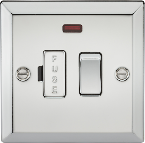 Knightsbridge Polished Chrome 13A Switched Fused Spur Unit with Neon. Modern switches and sockets with bevelled edge