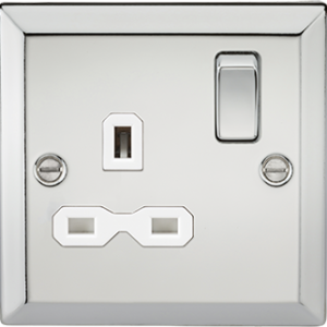 Knightsbridge Polished Chrome 1 Gang DP 13a Switched Socket With White Insert. Modern switches and sockets withbevelled edge