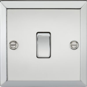 Knightsbridge Polished Chrome 20A 1 Gang Double Pole Switch. Modern switches and sockets with a bevelled edge