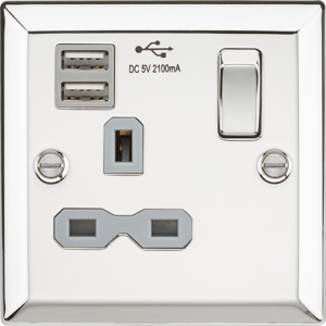 Knightsbridge Polished Chrome 1 Gang DP 13a Switched Socket With Grey Insert and Dual USB. Modern switches and sockets with a bevelled edge