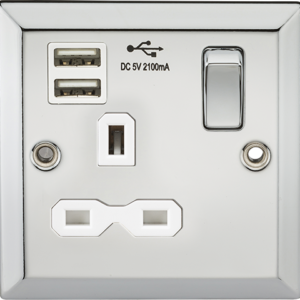 Knightsbridge Polished Chrome 1 Gang DP 13a Switched Socket With White Insert and Dual USB. Moderns switches and sockets with bevelled edge