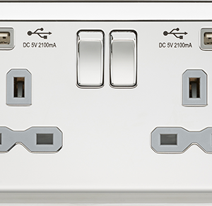 Knightsbridge Polished Chrome 2 Gang DP 13a Switched Socket With Grey Insert and Dual USB. Modern switches and sockets with a bevelled edge