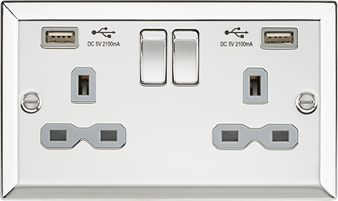 Knightsbridge Polished Chrome 2 Gang DP 13a Switched Socket With Grey Insert and Dual USB. Modern switches and sockets with a bevelled edge