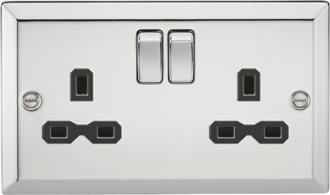 Knightsbridge Polished Chrome 2 Gang DP 13a Switched Socket With Black Insert. Bevelled edge modern switches and sockets