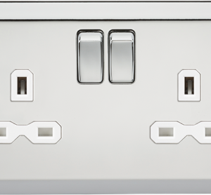 Knightsbridge Polished Chrome 2 Gang DP 13a Switched Socket With White Insert. Modern switches and sockets with bevelled edge