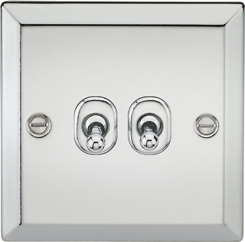 Knightsbridge Polished Chrome 2 Gang 2 Way Toggle Switch. Modern switches and sockets with bevelled edge