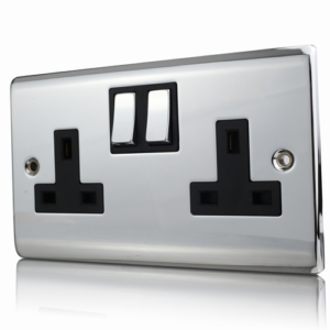 Polished Chrome 2 Gang DP 13A Switched Socket with Black Inserts