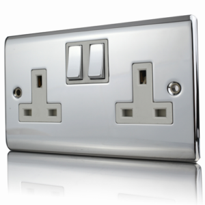 Premspec Polished Chrome 2 Gang DP 13A Switched Socket with White Inserts