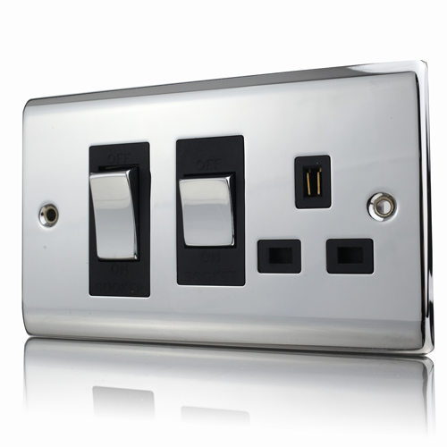 Polished Chrome 45A DP Switch & Socket With Black Inserts