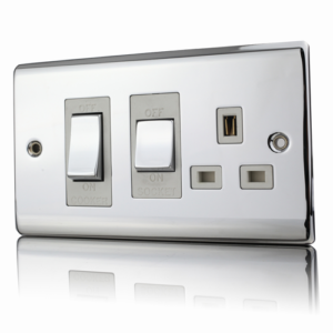 Polished Chrome 45A DP Switch & Socket With White Inserts