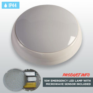 White Circular Polo IP44 15W Emergency LED Lamp with Microwave Sensor