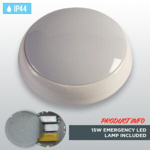 White Circular Polo IP44 with 15W Emergency LED Lamp