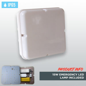 White Square Weatherproof IP65 Bulkhead with 15W Emergency LED Lamp
