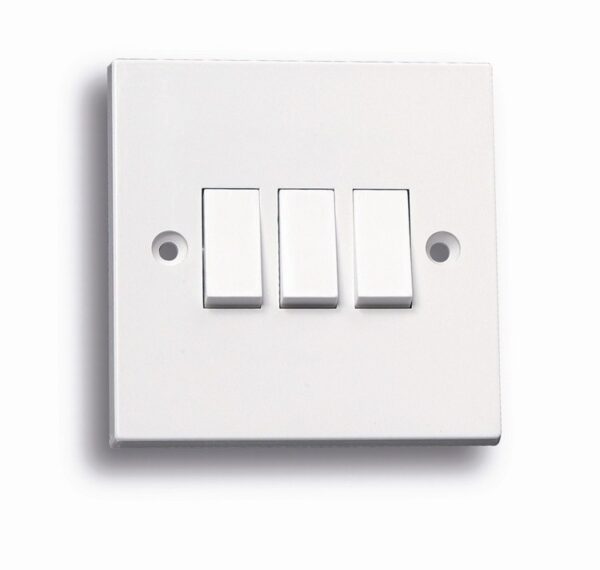 Niglon Standard White 3 Gang 2 Way Switch. Niglon Arctic Edge modern switches and sockets